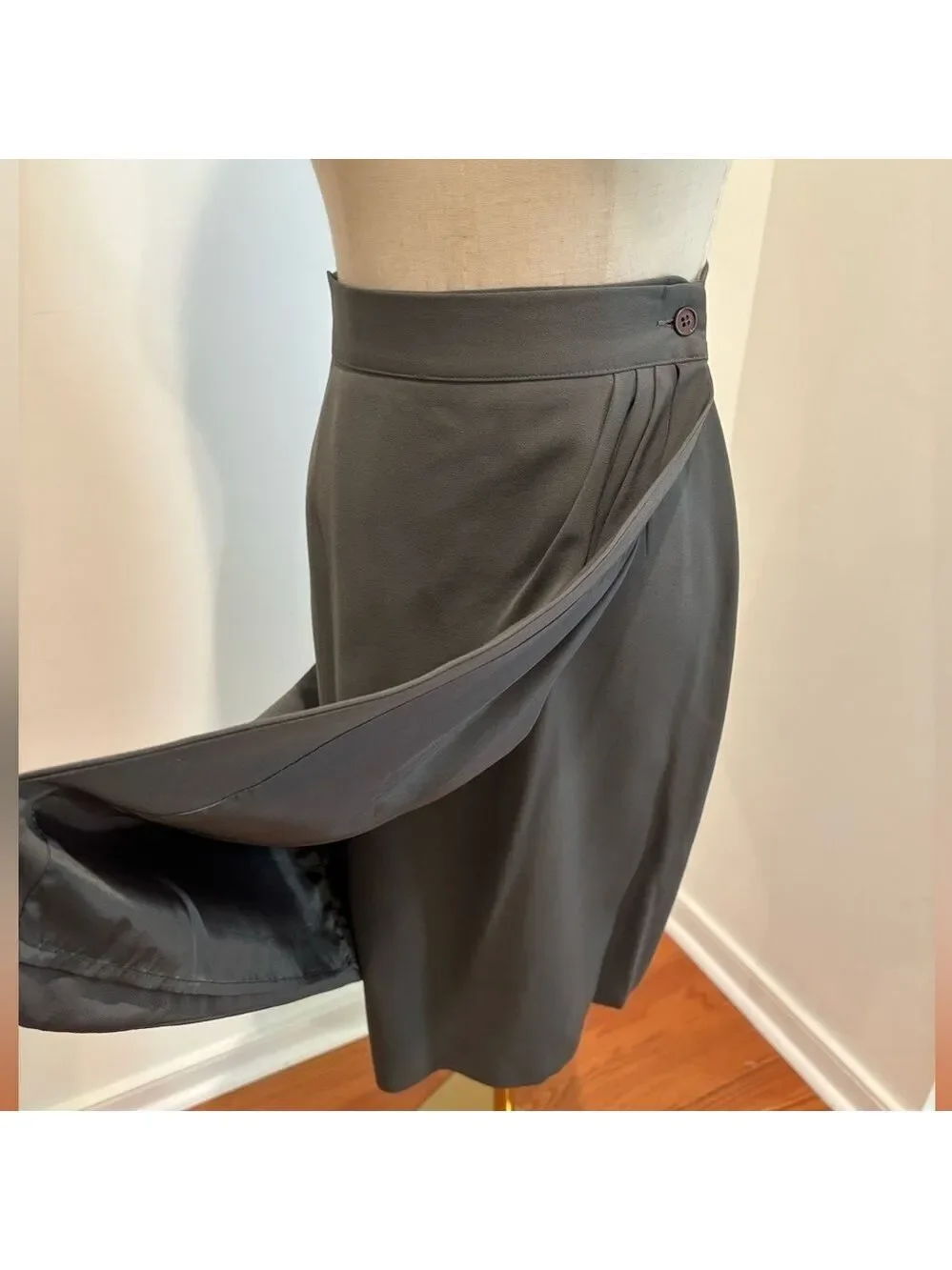 80s JOAN & DAVID ITALIAN FAUX WRAP PENCIL SKIRT CHARCOAL GRAY DRAPED PLEATS